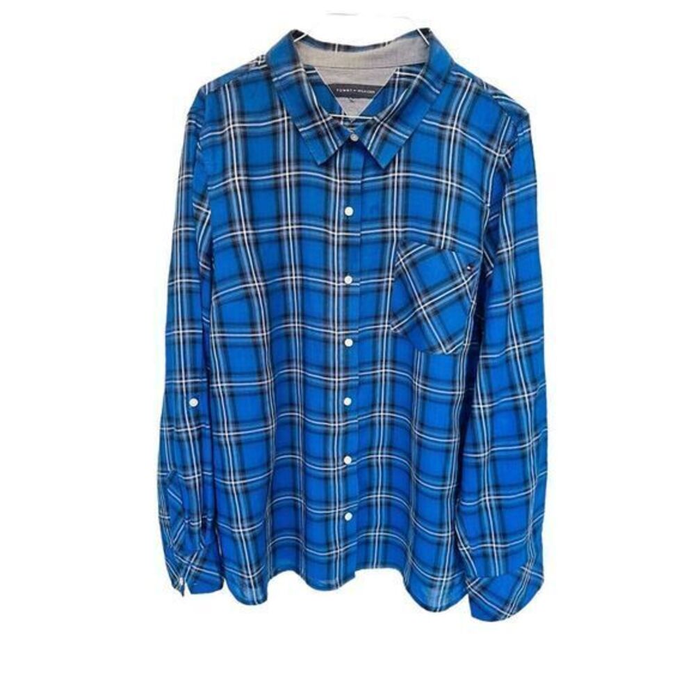 Tommy Hilfiger Women's Blouse Top Blue Button Front‎ LS Roll Tab Pocket Read